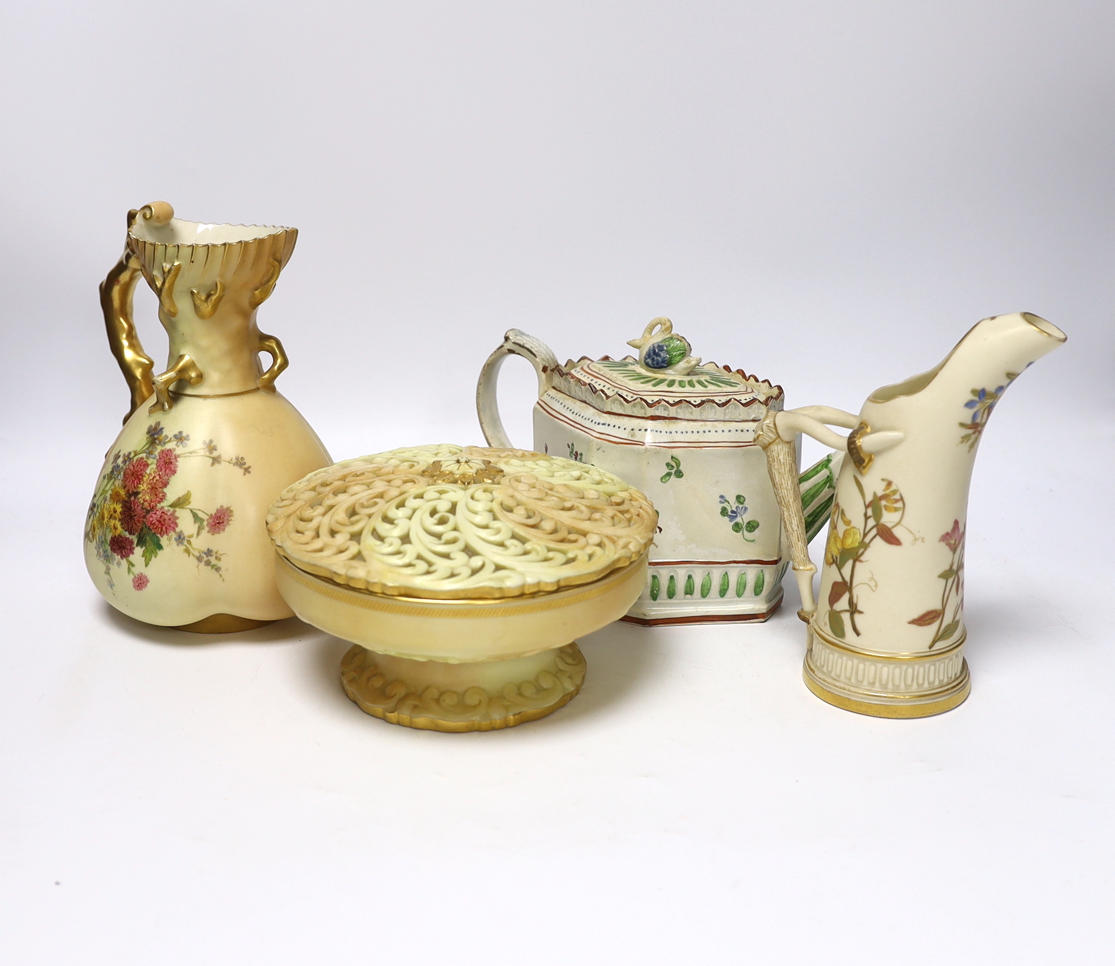 Three pieces of Royal Worcester blush ivory porcelain and an early 19th century pearlware teapot, tallest 19cm